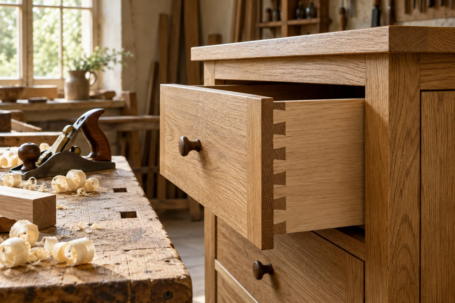 Détail d’assemblage en chêne du meuble Sillon